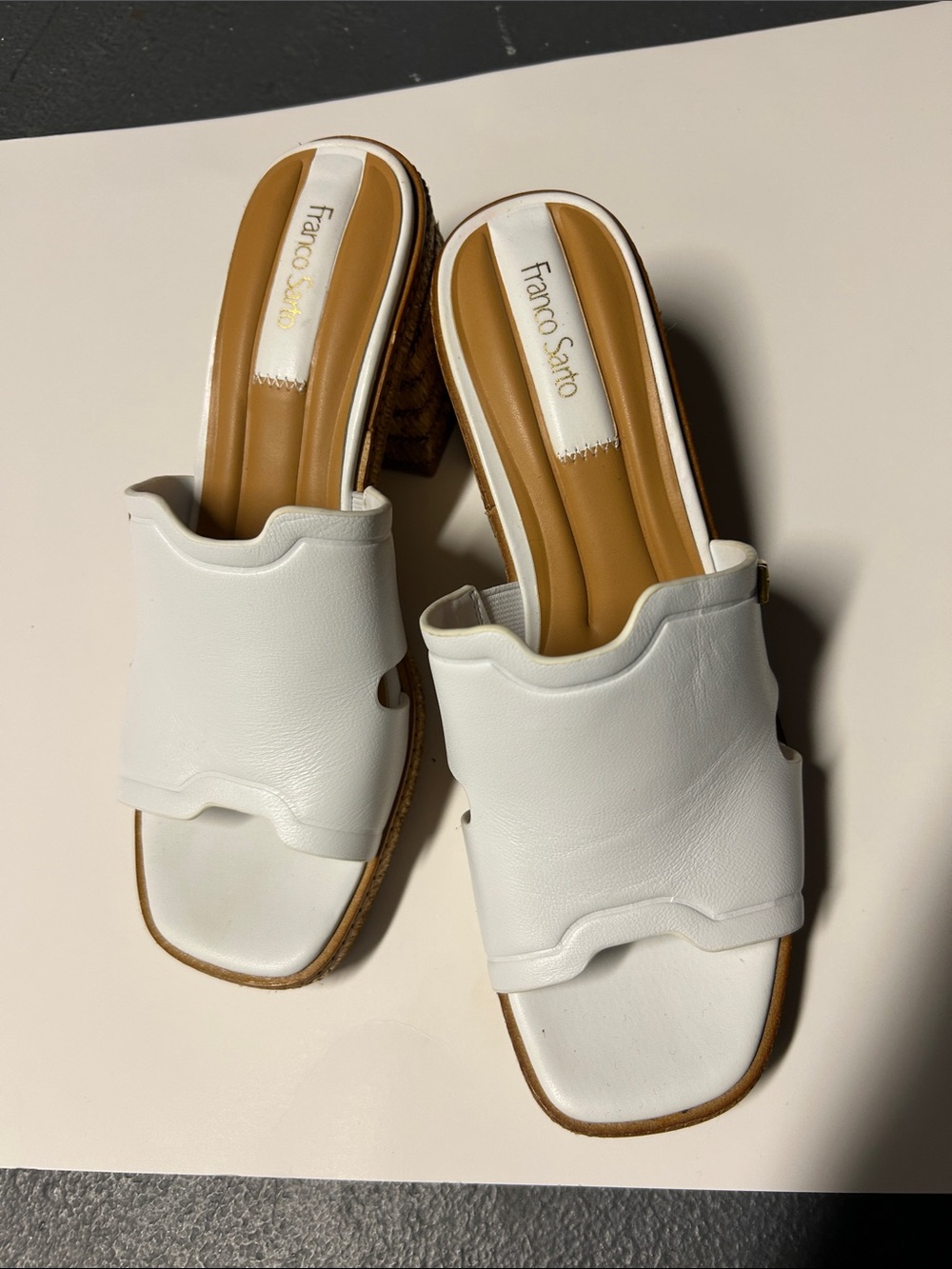 Franco Sarto White Leather Slide Mules with Tan Insole